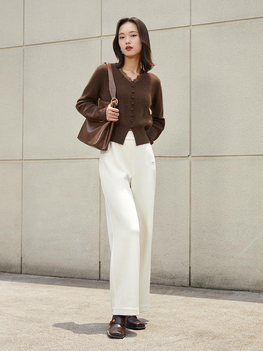 米白色高腰阔腿休闲裤 秋冬宽松显瘦品牌标识装饰百搭直筒裤 商品图1