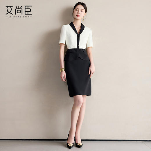 艾尚臣假两件连衣裙女夏季新款短袖气质优雅裙子法式女神范西装裙 商品图0