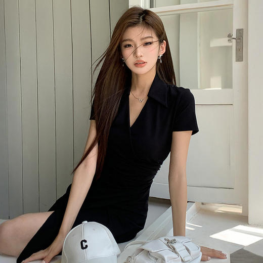 西遇褶皱收腰连衣裙女夏季新款设计感polo领修身短袖裙子SS050985 商品图3