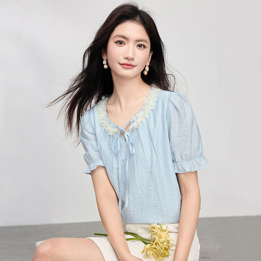 【专属特价】熙世界南法假日立体花边天丝衬衫女夏季2025年新款泡泡袖小衫上衣 商品图4