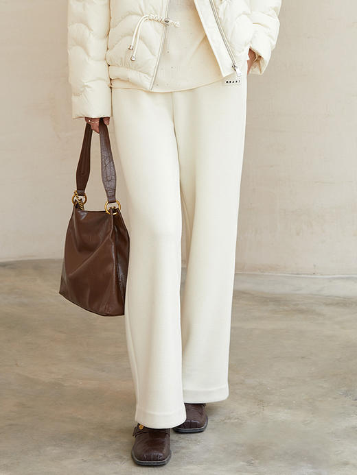 米白色高腰阔腿休闲裤 秋冬宽松显瘦品牌标识装饰百搭直筒裤 商品图0