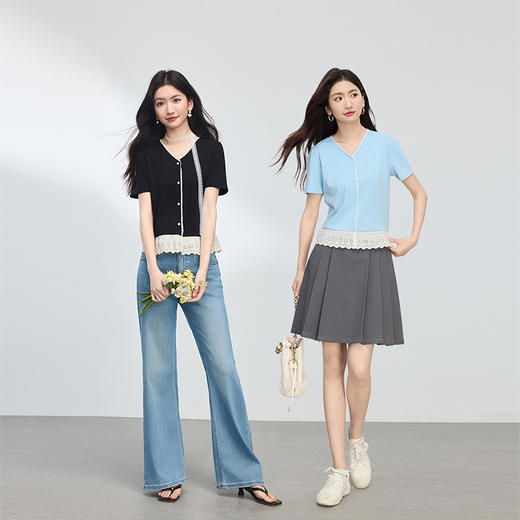 【专属特价】熙世界设计感蕾丝花边T恤女短袖时尚洋气正肩小衫上衣2025夏新款 商品图1