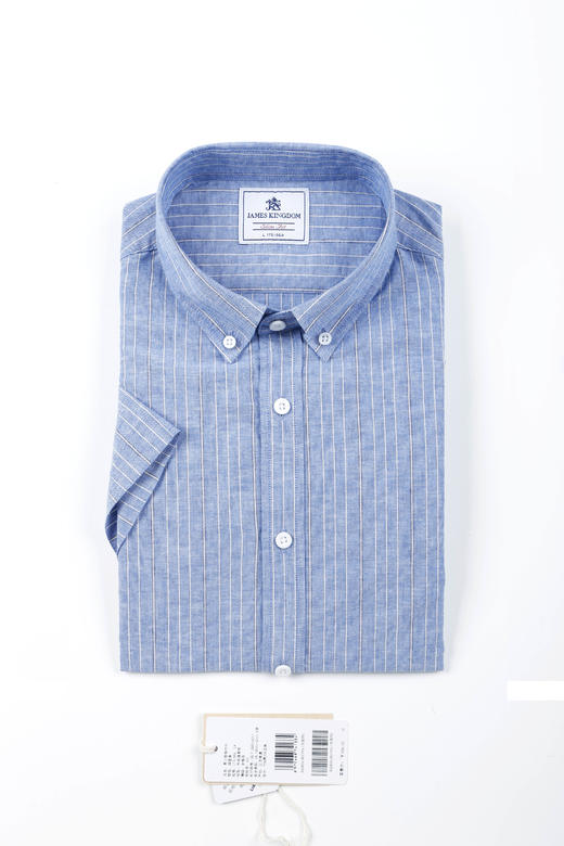 【棉麻混纺  竖条纹】占姆士男士棉麻混纺竖条纹休闲短袖衬衫 商品图2