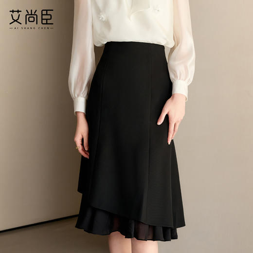艾尚臣黑色半身裙女2025新款高腰显瘦中长款鱼尾裙一步裙包臀裙子 商品图2