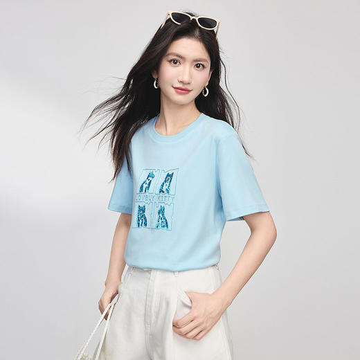 【专属特价】熙世界趣味减龄猫狗印花T恤女夏季短袖休闲风纯棉体恤2025年新款 商品图4