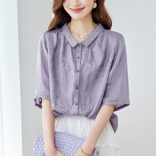 百媚生 紫色绣花衬衫女短袖55054 商品图2