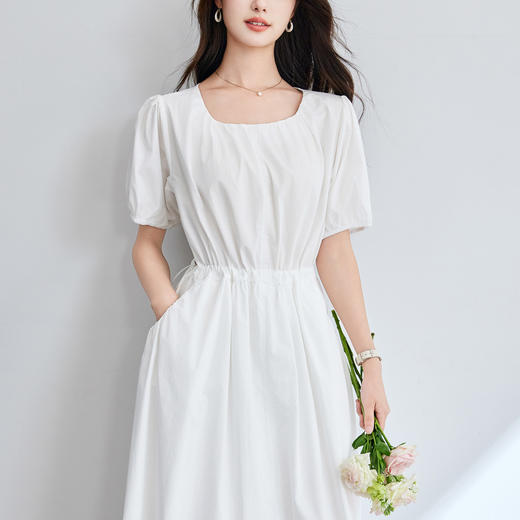 百媚生 纯棉短袖连衣裙女夏季抽褶系带收腰裙子55024 商品图0