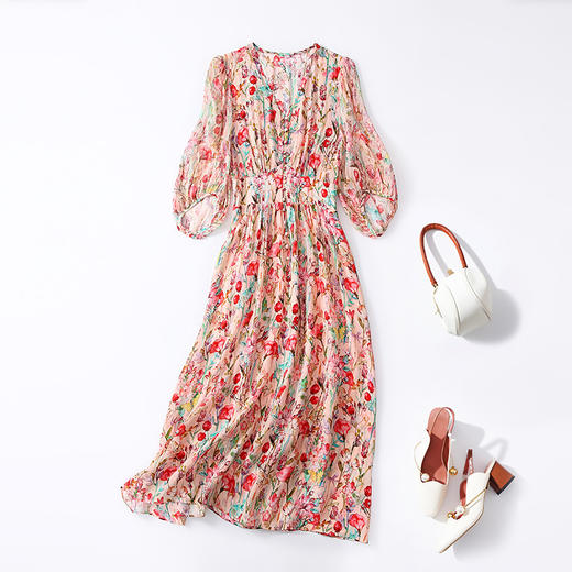丁摩 时尚新品女装气质V领收腰印花真丝连衣裙A字摆中长款5ZF-90504 商品图4