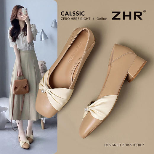 ZHR粗跟浅口玛丽珍鞋女蝴蝶结珍珠奶奶鞋轻便两穿女鞋法式小皮鞋 商品图2