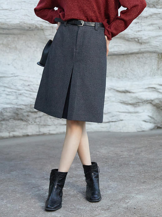 秋冬新款灰色毛呢半身裙女中长款高腰开叉设计感小众显瘦 A 字裙 商品图0