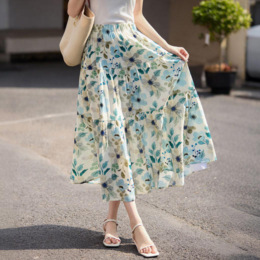 【专属特价】熙世界植物系碎花半身裙女夏季2025年新款压褶蓬蓬裙雪纺a字裙子 商品图1