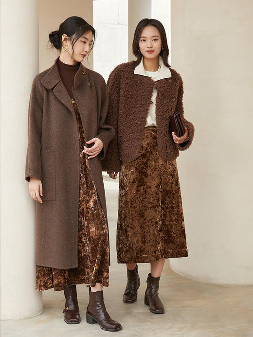 轻熟氛围感叠穿 暖棕色做旧丝绒肌理高腰中长裙 垂坠质感通勤包臀半身裙 商品图1