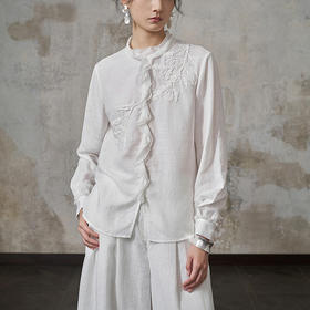 【林栖设计小店】（现货）亚麻混纺衬衣优雅绣花荷叶边拼接2025早秋新款长袖上衣女1953016