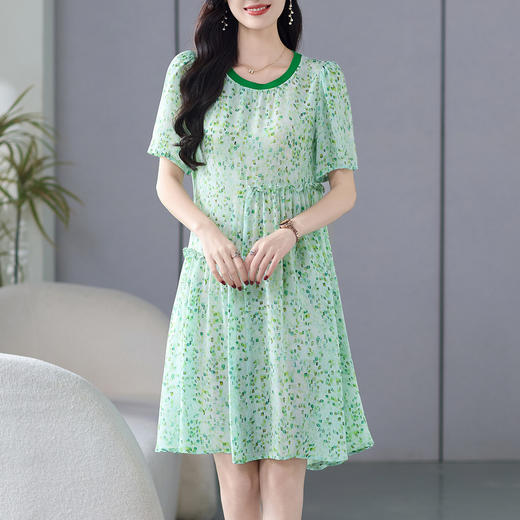 丁摩 夏日新款小个子真丝绿色碎花宽松A版显瘦桑蚕丝连衣裙女夏5ZF-69499 商品图1