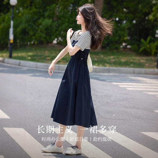 熙世界撞色条纹拼接连衣裙女短袖时尚收腰假两件裙子2025夏季新款 商品图3