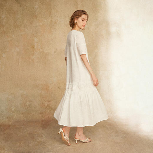C+IMPRESS/西嘉亚麻精梳棉 法式度假松弛感v领短袖连衣裙女夏白色 商品图2