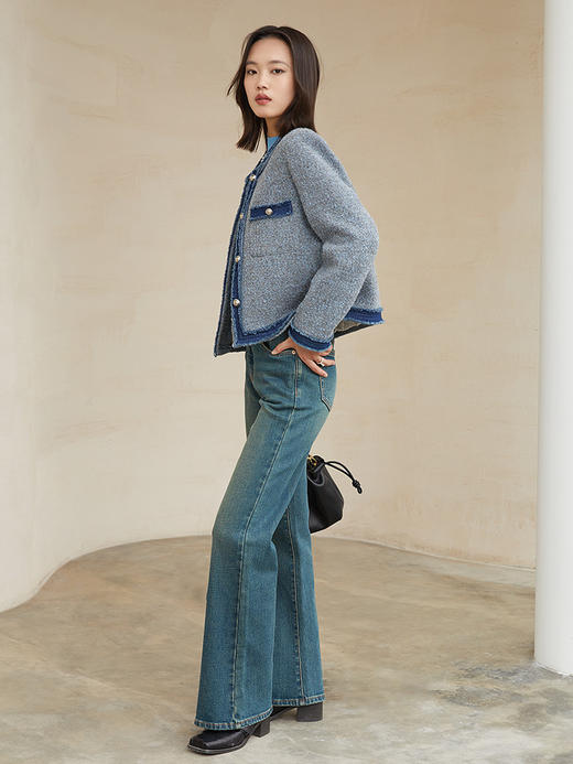 冬季新款灰色牛仔拼接毛呢小香风短外套女 设计感小众撞色流苏边高级感通勤短款呢大衣 商品图1