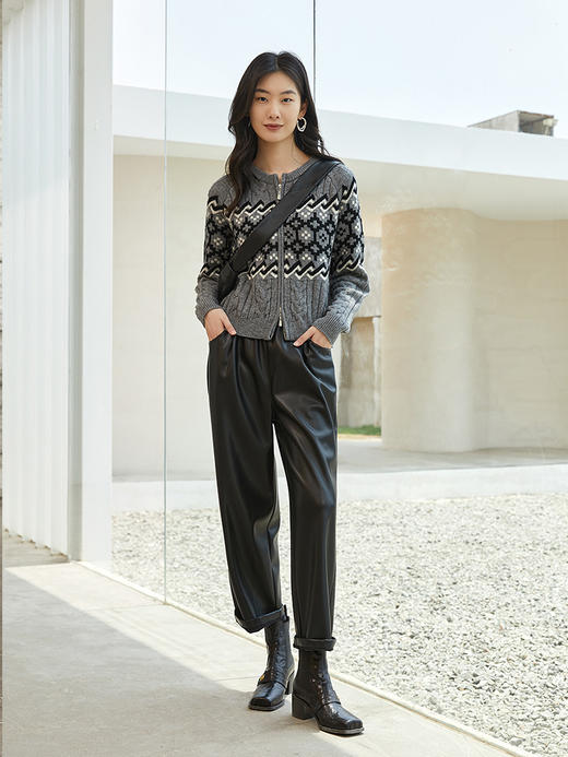 秋冬季新款黑色皮裤女宽松显瘦松紧腰阔腿裤复古风时尚休闲九分裤 商品图1