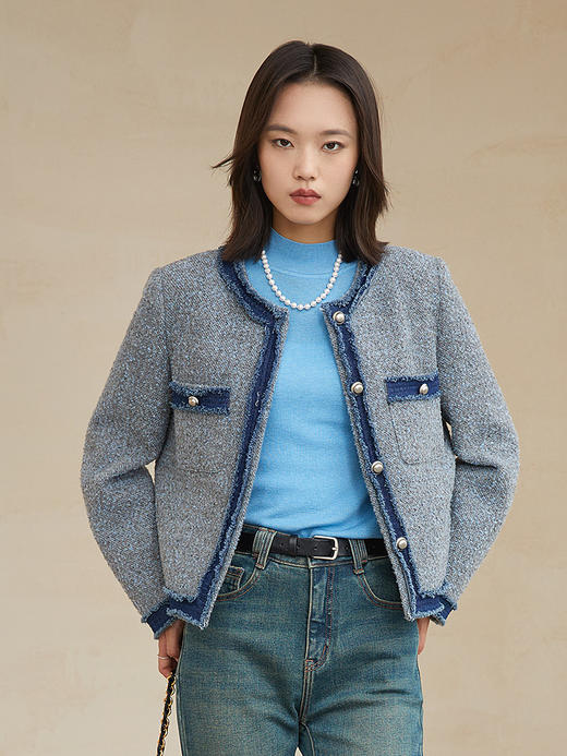 冬季新款灰色牛仔拼接毛呢小香风短外套女 设计感小众撞色流苏边高级感通勤短款呢大衣 商品图0