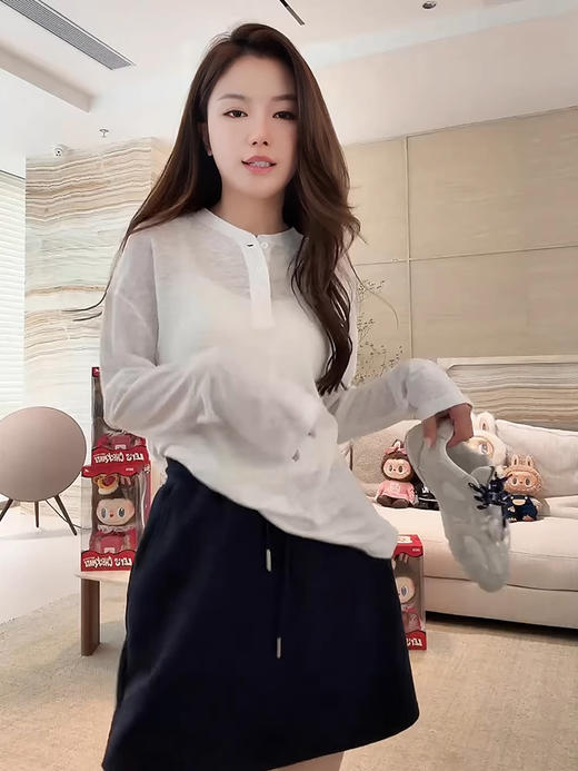 COCO ZONE 刘一一 【100亚麻】三粒扣简约翻领长袖T恤CD1A0378 商品图1