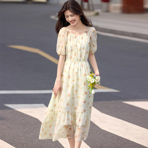 熙世界法式黄色碎花连衣裙女夏季新款温柔气质灯笼袖收腰雪纺裙子 商品图2