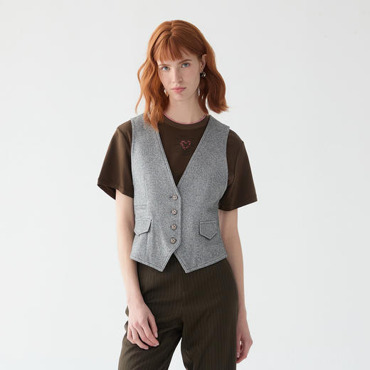 谜底西装马甲女2025秋季新款复古风V领修身高腰短款马夹257MM7727 商品图0