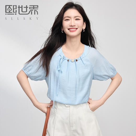 【专属特价】熙世界设计感串珠圆领衬衫女夏季度假风蓝色小衫短袖上衣2025新款 商品图0