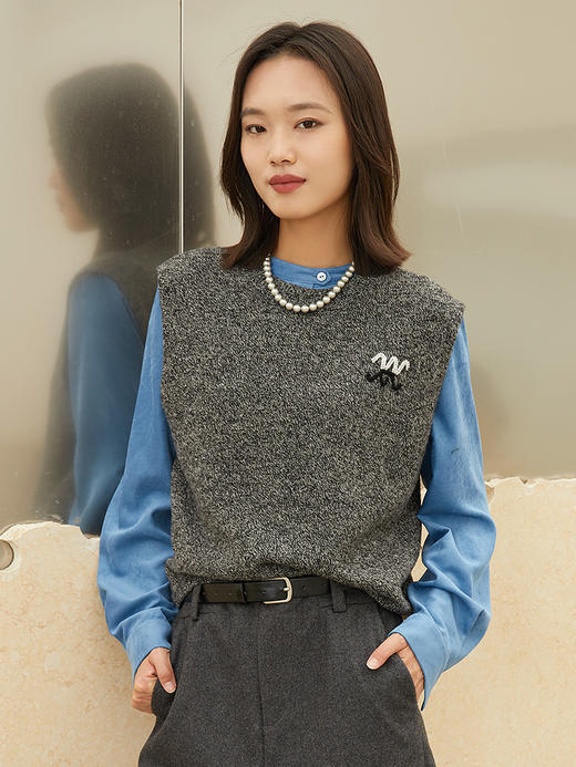 复古蓝色立领衬衫女秋季新款韩版宽松显瘦单排扣刺绣前短后长上衣 商品图0