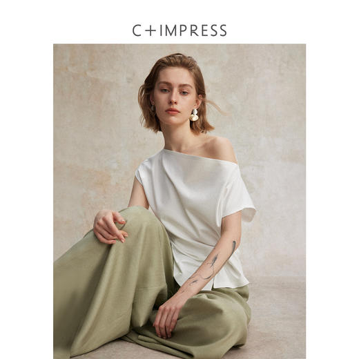 C+IMPRESS/西嘉精梳棉高智淡人风不对称斜肩扭结设计感T恤女上衣CS2502116 商品图1