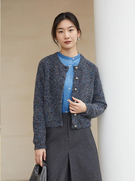 复古蓝色立领衬衫女秋季新款韩版宽松显瘦单排扣刺绣前短后长上衣 商品图1