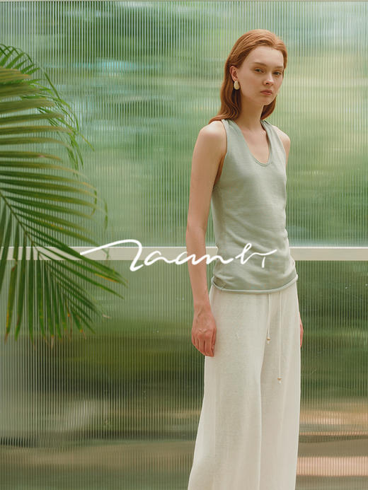 ZAANLI｜ZNSS25014 三醋酸露背纽结针织背心 [ 豆绿 / 米灰 ] 商品图6