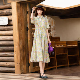 谜底碎花连衣裙短袖2025夏季新款度假风衬衫式收腰长裙257ML7832
