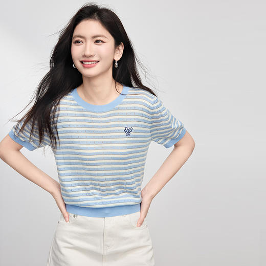 【五折购】熙世界莱赛尔条纹针织衫女夏季薄款航海系短袖圆领上衣2025年新款 商品图4