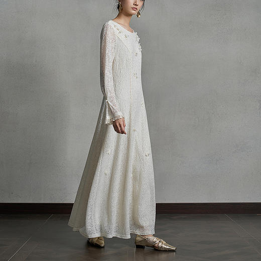 【林栖设计小店】【手工钉花】羊毛混纺连衣裙提花收腰2025秋季新款长裙女1953015 商品图1