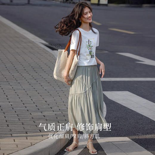 【专属特价】熙世界100%长绒棉T恤女短袖夏新款宽松烫钻绣花圆领正肩体恤上衣 商品图1