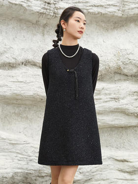 黑色亮片无袖连衣裙女 小香风 V 领系带 A 字裙 秋冬内搭外穿时尚短裙