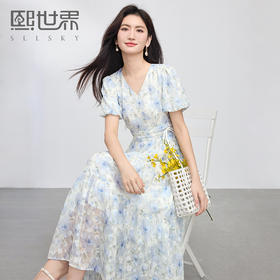 熙世界南法假日碎花连衣裙女2025夏季新款浪漫复古收腰V领长裙子