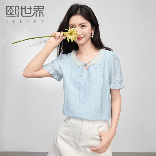 【专属特价】熙世界南法假日立体花边天丝衬衫女夏季2025年新款泡泡袖小衫上衣 商品图0