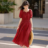 熙世界红色天丝连衣裙女夏日2025新款法式串珠圆领泡泡袖气质长裙 商品缩略图0
