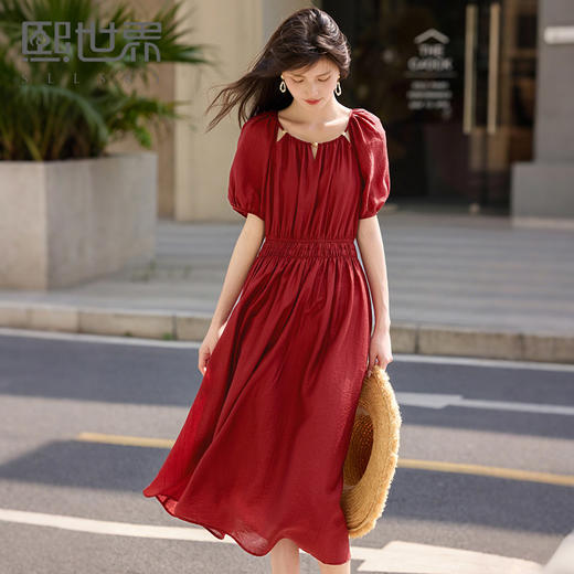 熙世界红色天丝连衣裙女夏日2025新款法式串珠圆领泡泡袖气质长裙 商品图0
