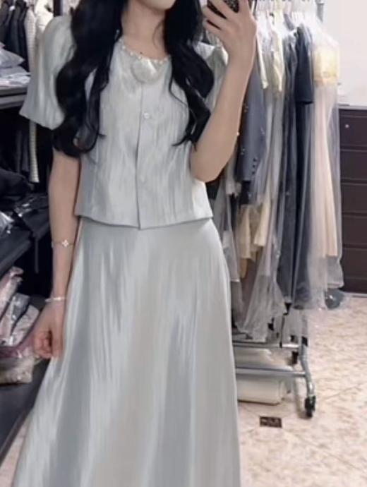 套装【韩系2025】225名媛风小香风珍珠领上衣➕半身裙-喜出 商品图4