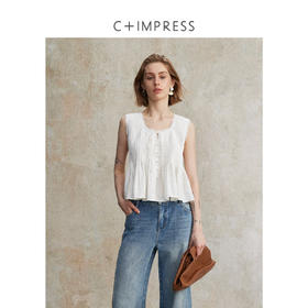 C+IMPRESS/西嘉亚麻天丝重工 度假风方领法式露锁骨上衣女夏无袖CS2502125