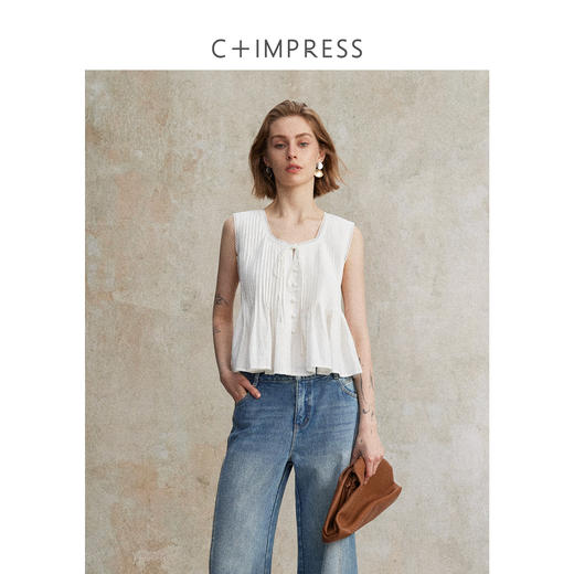 C+IMPRESS/西嘉亚麻天丝重工 度假风方领法式露锁骨上衣女夏无袖CS2502125 商品图0