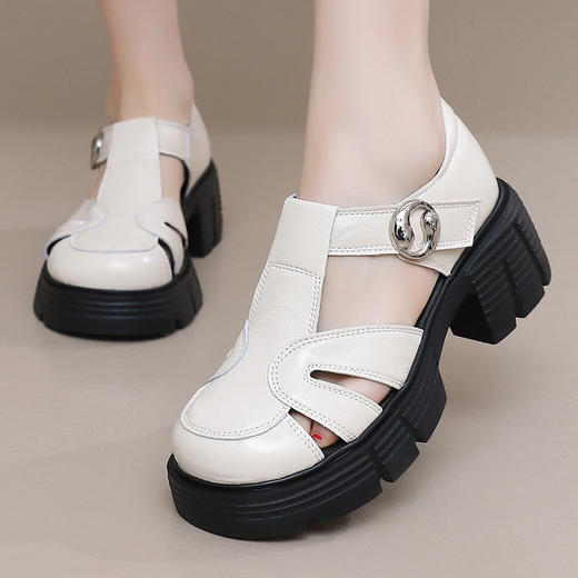 丁摩 包头罗马凉鞋女夏季新款复古松糕厚底防滑百搭镂空真皮软底鞋5ZF-3376 商品图1