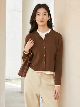 高级感灰色撞色针织开衫 圆领单排扣短款上衣 春秋季通勤百搭显瘦羊毛混纺外套