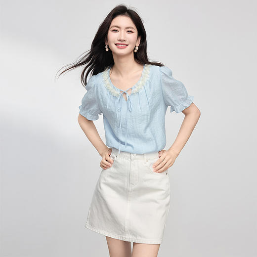 【专属特价】熙世界南法假日立体花边天丝衬衫女夏季2025年新款泡泡袖小衫上衣 商品图3