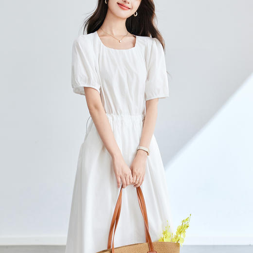 百媚生 纯棉短袖连衣裙女夏季抽褶系带收腰裙子55024 商品图3