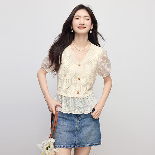 【专属特价】熙世界波西米亚风天丝绣花拼接V领上衣女夏季设计感时尚洋气小衫 商品图4