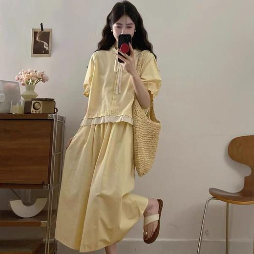 套装【韩系2025】黄色拼木耳边蕾丝上衣➕半身裙两件套-喜出 商品图3