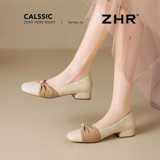 ZHR粗跟浅口玛丽珍鞋女蝴蝶结珍珠奶奶鞋轻便两穿女鞋法式小皮鞋 商品图6
